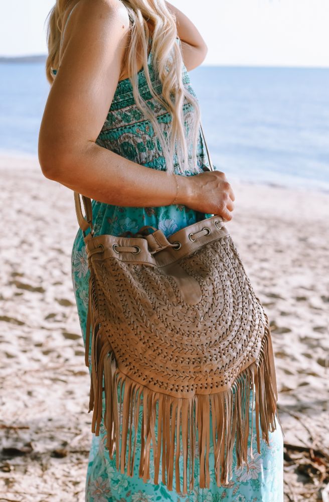 Woven Leather Shoulder Satchel Bag, Pinky Beige Colour