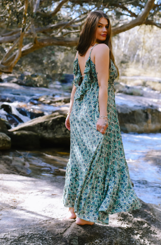 Asha Gypsy Dress, Rear View Low Cut Back with Ruffle Trim