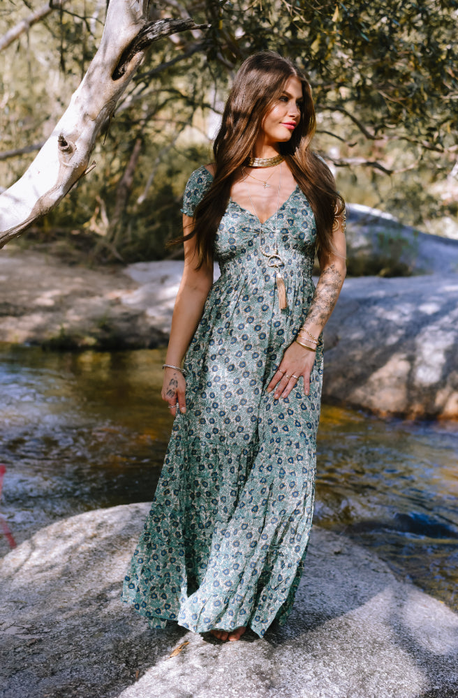 Asha Rosa Dress, Dark Blue Roses Print