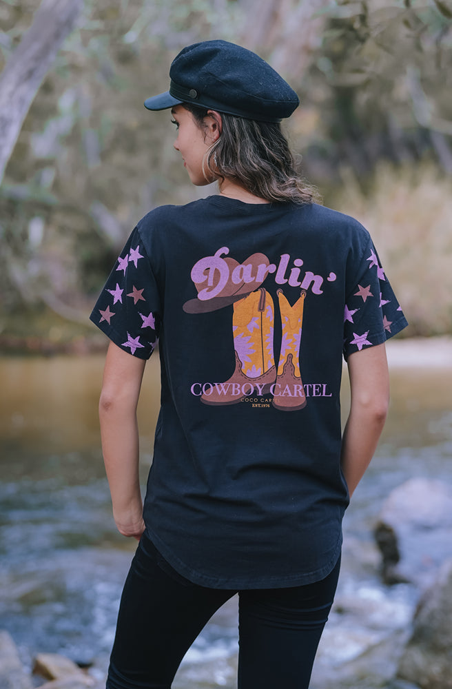 Darlin Cowboy Tee Black, Casual Short Sleeve Graphic Tee Rear View