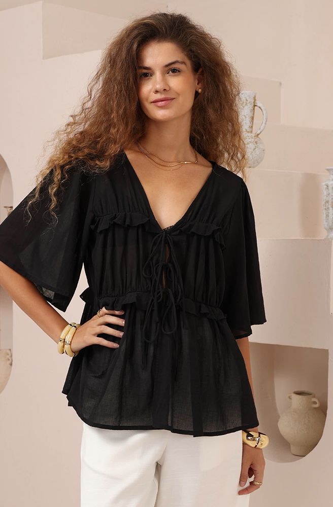 Drift Tie Top Black, Boho Resort Style Women’s Blouse with Tie Front