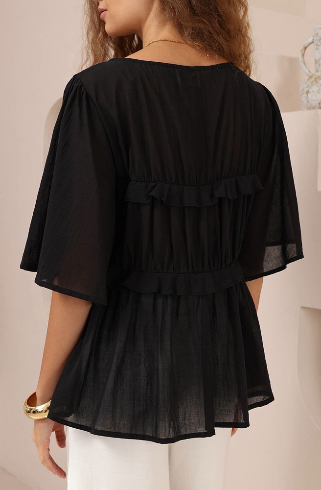 Drift Tie Top Black, Relaxed Fit Sheer Blouse with Ruffle Detail