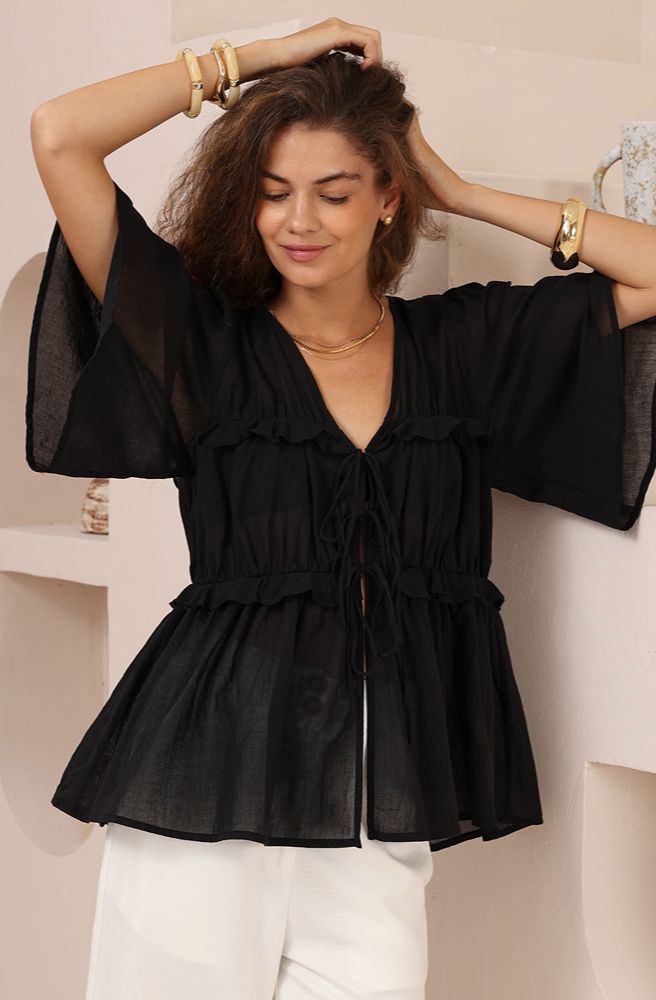 Drift Tie Top Black, Lightweight Flowing Top with Bell Sleeves