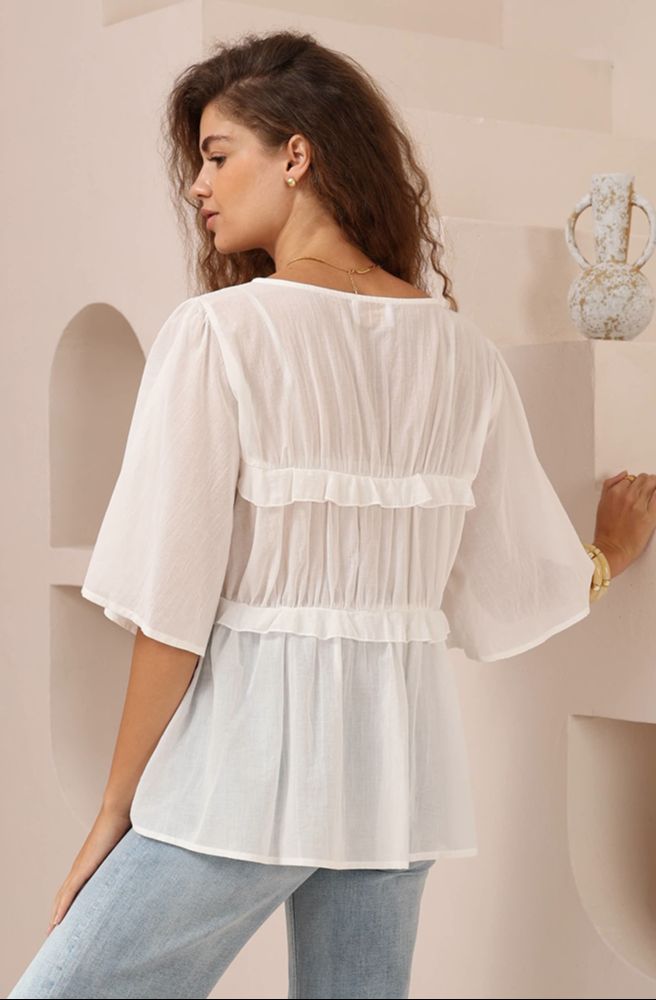 Drift Tie Top White, Relaxed Fit Flowing Top Rear View