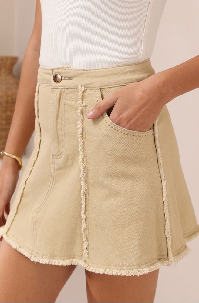 Dune Denim Skirt Beige, Frayed Hem Mini Skirt with Front Pocket Detail
