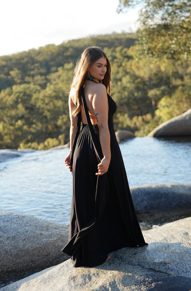 maxi long sleeve beach dress Black Ibiza Dress – Helis Brain