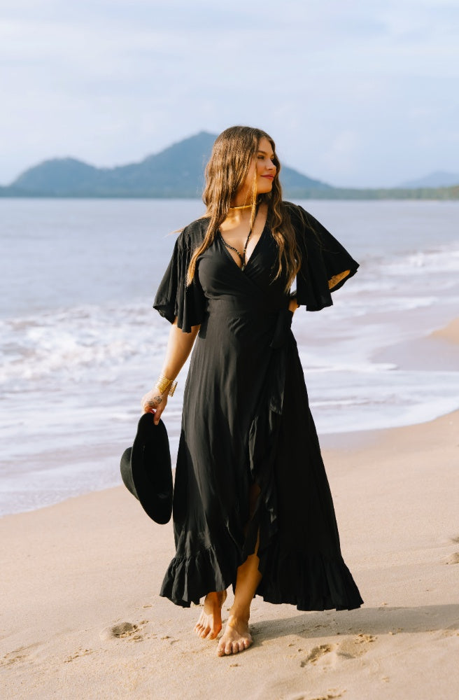 Ebony Combi Wrap Dress, Womens Boho Style Maxi Black Colour