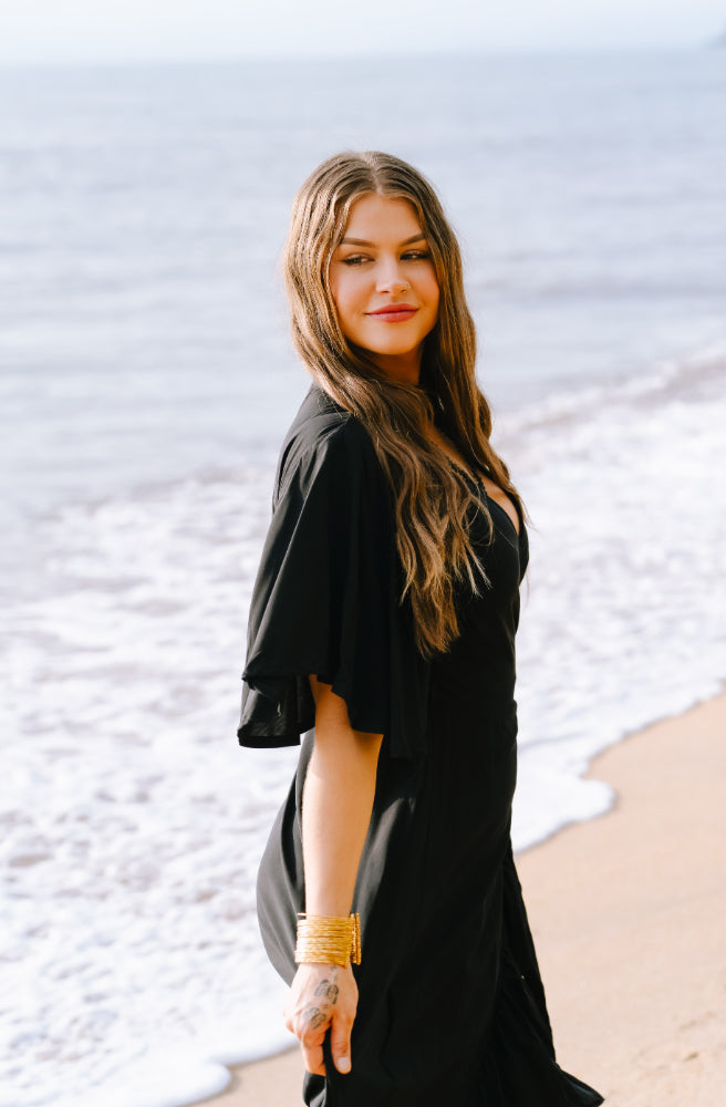 Ebony Combi Wrap Dress, Side View Flutter Sleeves