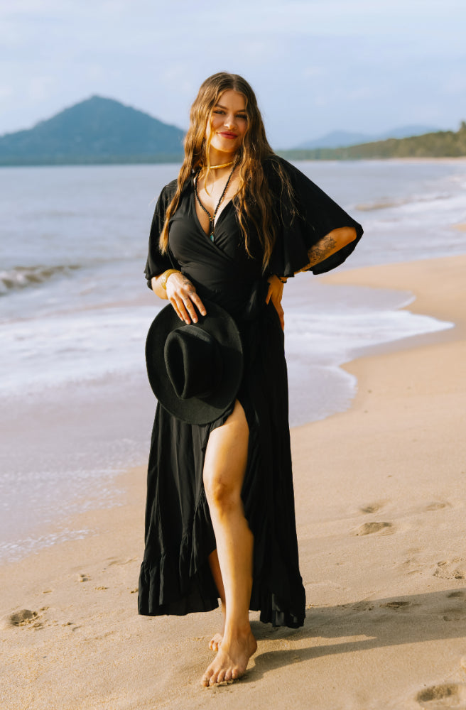 Ebony Combi Wrap Dress, Wrap Waist Tie with Ruffle Hem