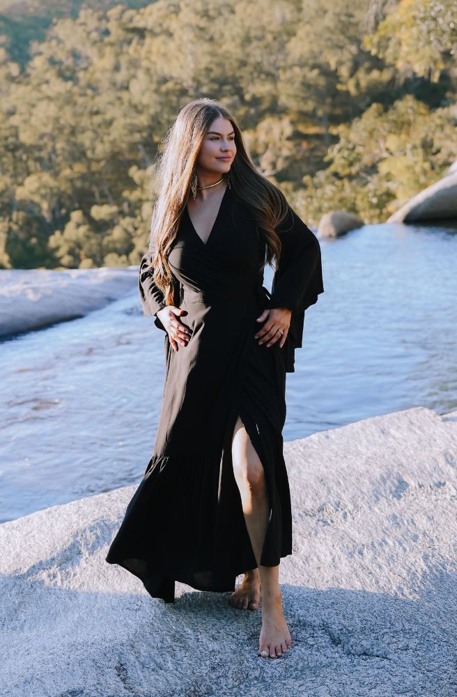 Ebony Saradon Dress, Womens Black Wrap Dress