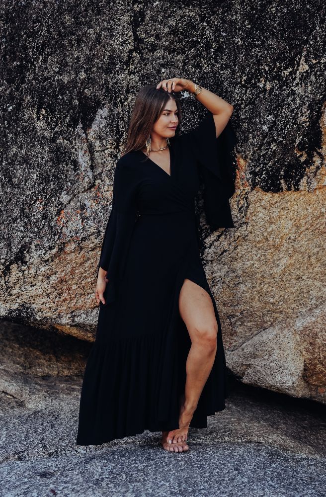Ebony Saradon Dress, Women's Boho Style Long Sleeve Wrap Dress