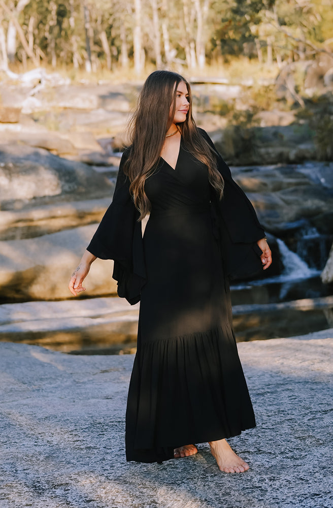Ebony Saradon Dress, Long flared sleeves and large ruffle hem