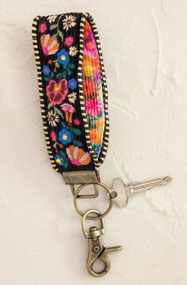 Embroidered Key Fob Black Folk Flower,  Floral patterned strap
