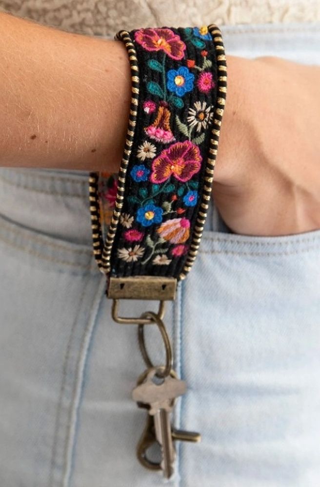Embroidered Key Fob Black Folk Flower, Embroidered floral bracelet with colorful flowers