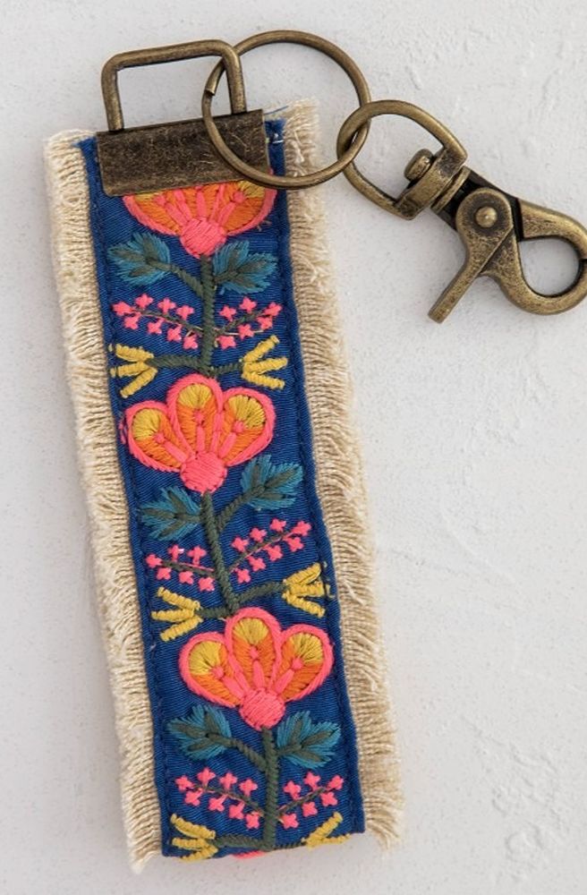 Embroidered Key Fob Indigo Pink, Embroidered keychain with floral design