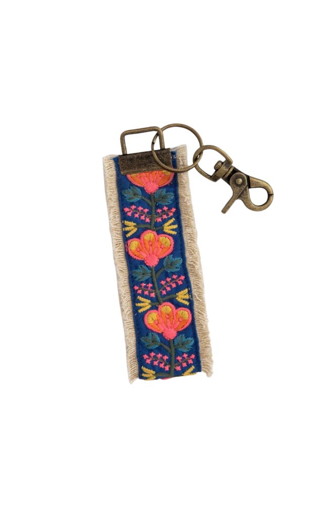 Embroidered Key Fob Indigo Pink, Gift Idea Boho Key Ring
