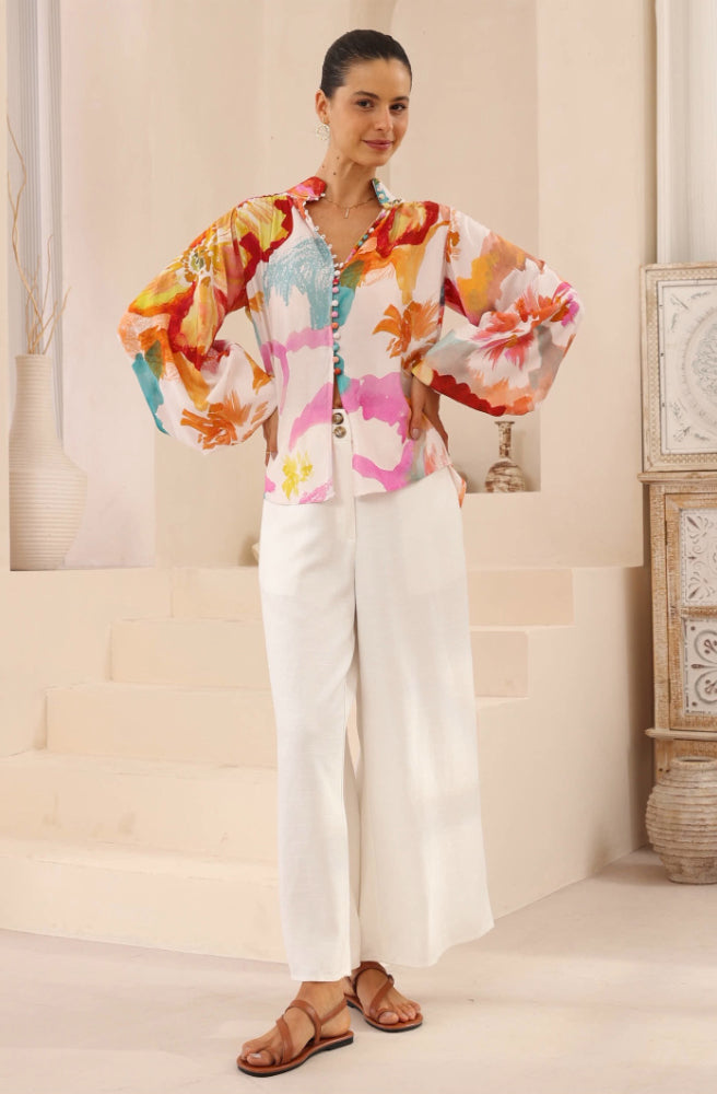 Fresco Bloom Blouse, Womens Boho Chic resort Style Top, Long Balloon Sleeves