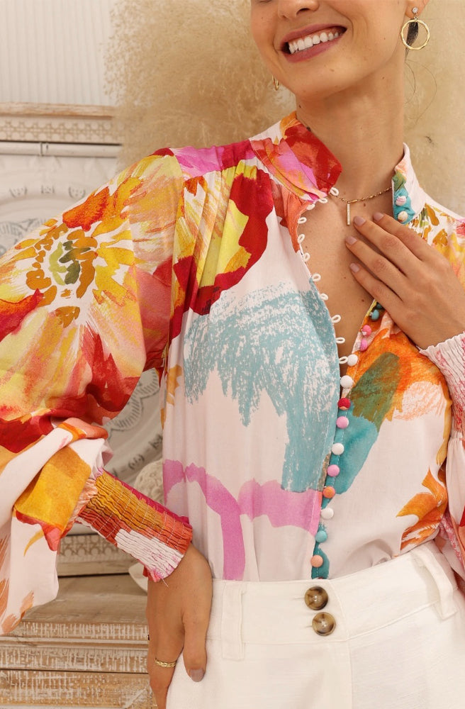 Fresco Bloom Blouse, Close up detail of top, Covered buttons, Mandarin collar