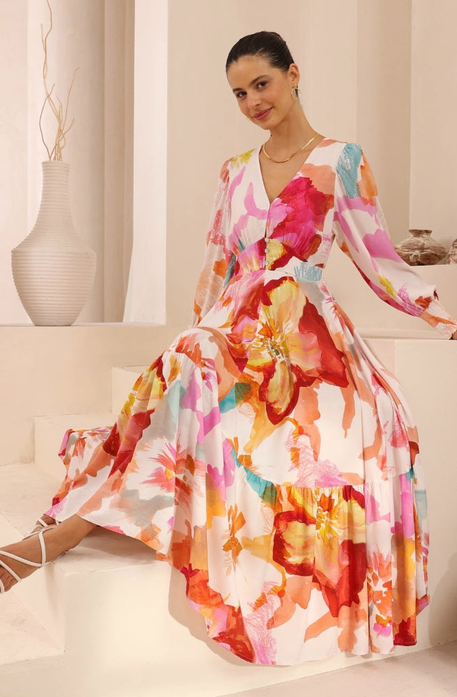 Fresco Bloom Maxi Dress, Boho Chic Style Gown
