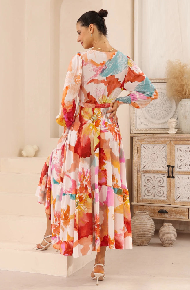 Fresco Bloom Maxi Dress, Rear View, Elasticated waist band at the back