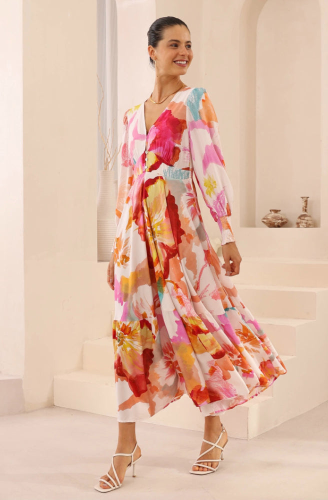 Fresco Bloom Maxi Dress, Side View, Flat Empire Waist at Front, Full Skirt