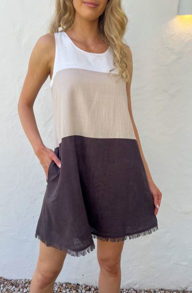 Freya Mini Dress Multi Mocha, Cotton Linen Blend Shift Style Mini