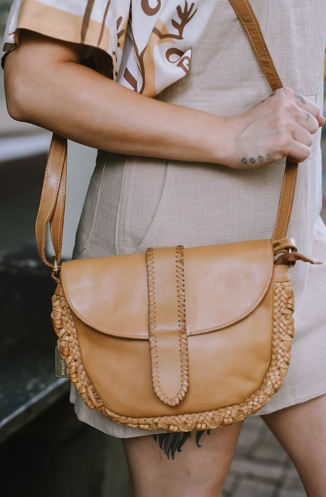 Gabby Shoulder Bag Oak Buff, Handmade Leather Shoulder Bag with Boho Detailing