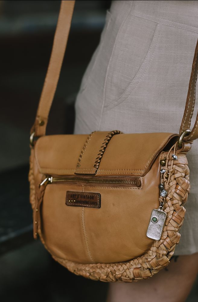 Gabby Shoulder Bag Oak Buff, Side Angled View of Leather Shoulder Bag