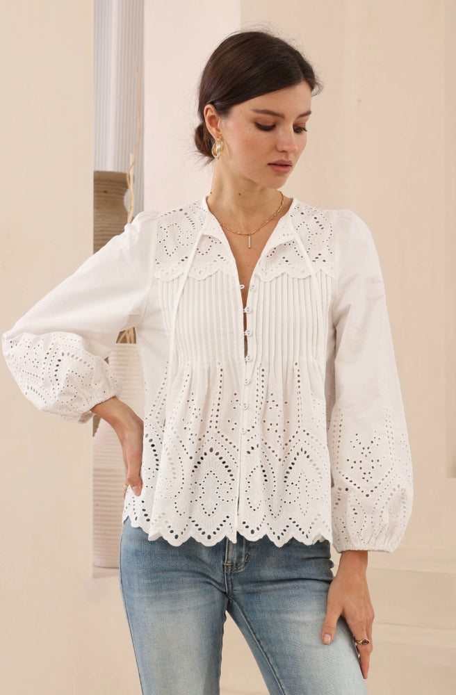 Isadora Lace Blouse, White Colour, Button Through Front, V Neck with Ties