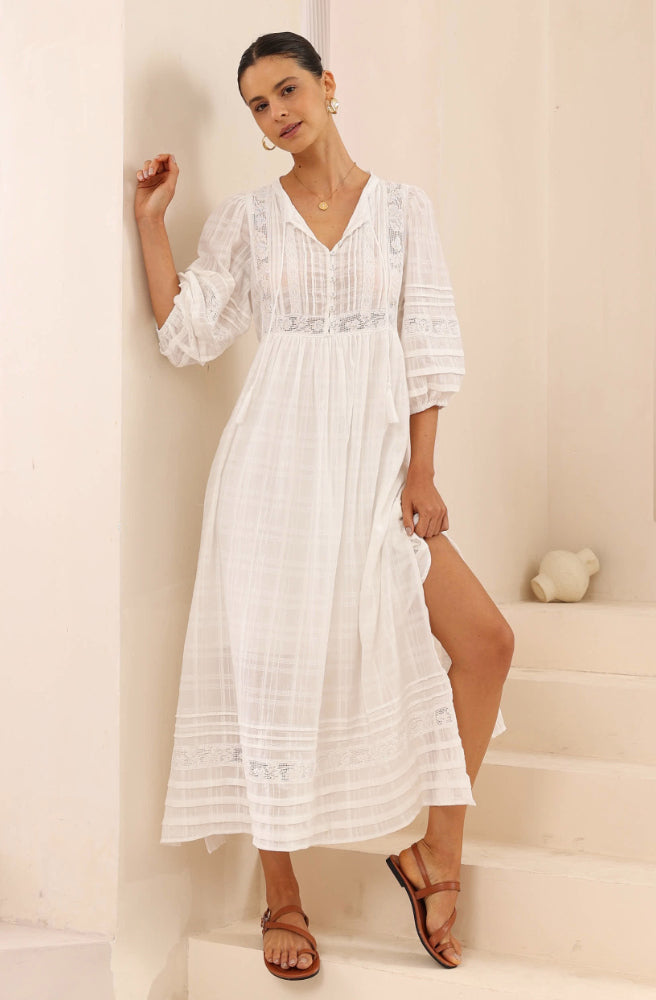 Isla Grace Lace Maxi Dress, Boho Resort Style White Womens Dress