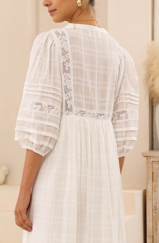 Isla Grace Lace Maxi Dress, Smock Style Rear View of Top with Lace Detailing