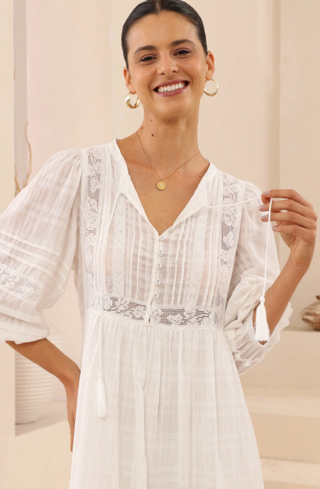 Isla Grace Lace Maxi Dress, Detailed Close Up View of Button Through Bodice