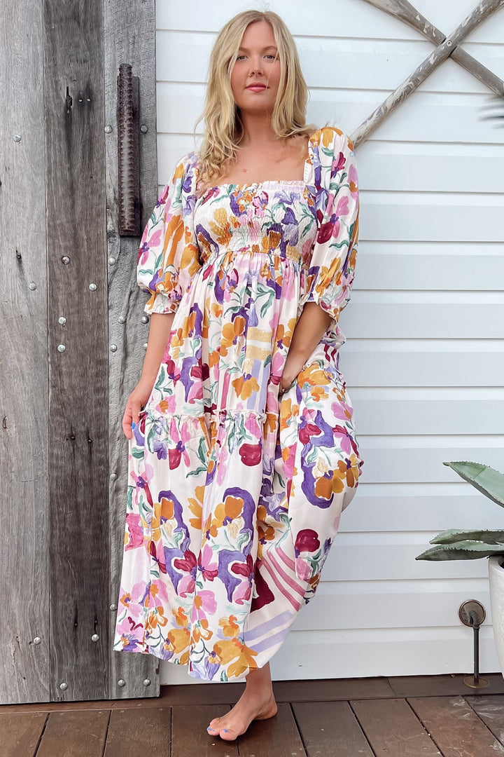 Jaase Sweet Lily Tulli Midi Dress, Boho Floral Print Women’s Midi Dress