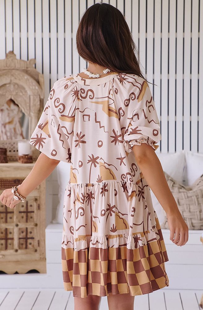 Jaase Tuscan Sands Petal Mini Dress, Boho Resort Style, Rear View