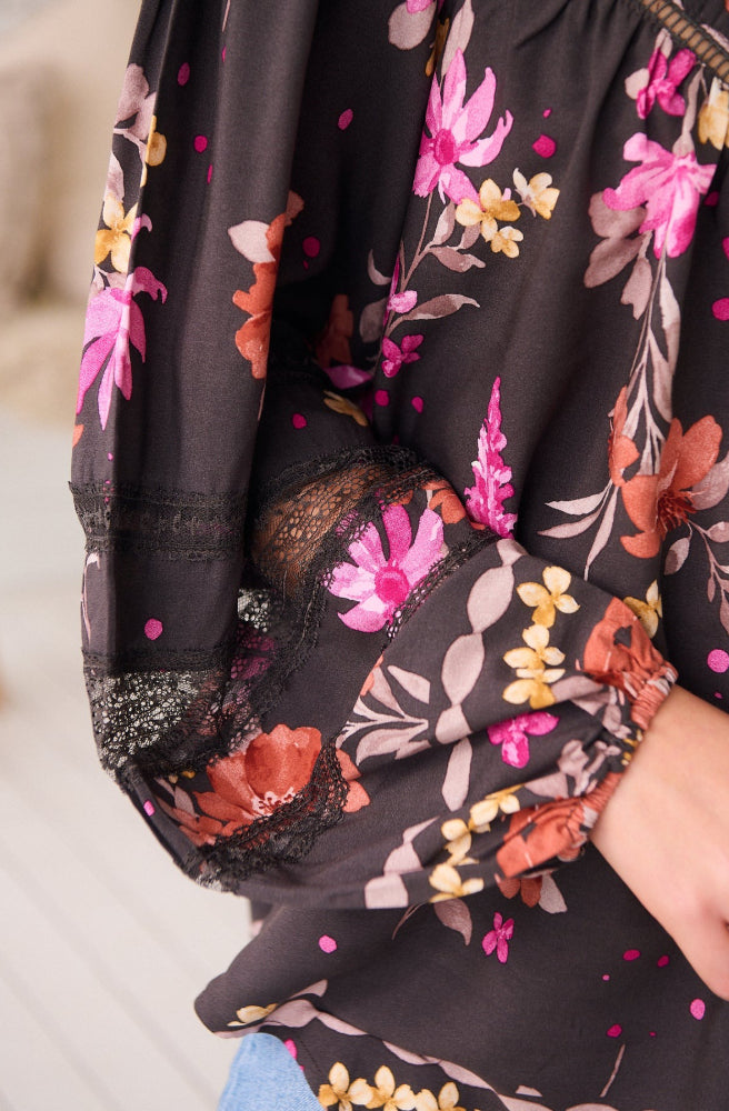 Jaase Monarch Bloom Print Eliza Blouse, Lace Detailing Close Up