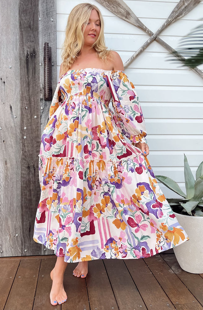 Jaase Sweet Lily Tulli Midi Dress, Relaxed Fit Shirred Bodice Midi