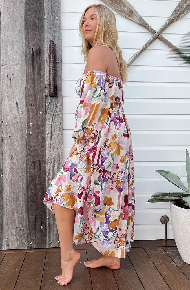 Jaase Sweet Lily Tulli Midi Dress, Side View with Shirred Bodice and Floral Print