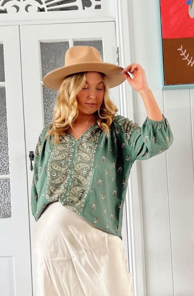 Jaase Viridian Print Montie Blouse, Boho Resort Style Top