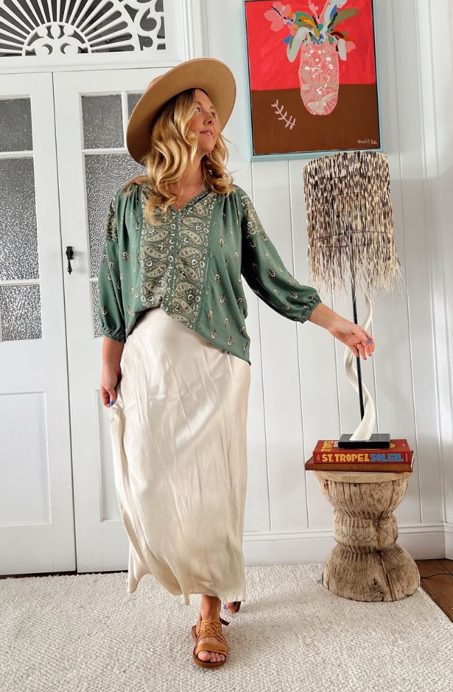 Jaase Viridian Print Montie Blouse, Sage Green Bohemian Top