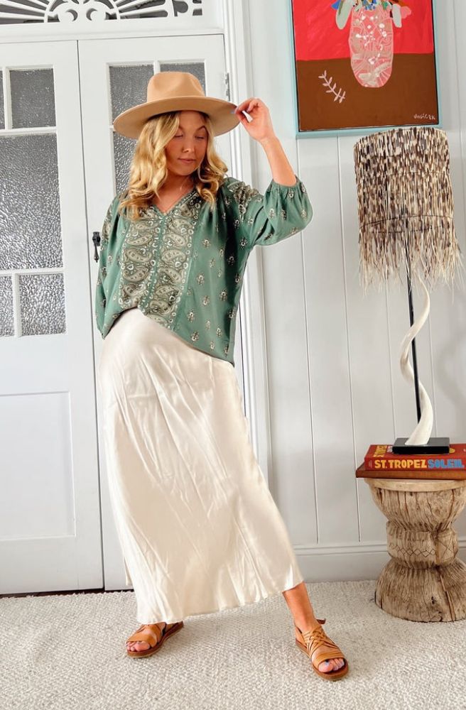 Jaase Viridian Print Montie Blouse, Paisley Border, Print 3/4 Sleeves