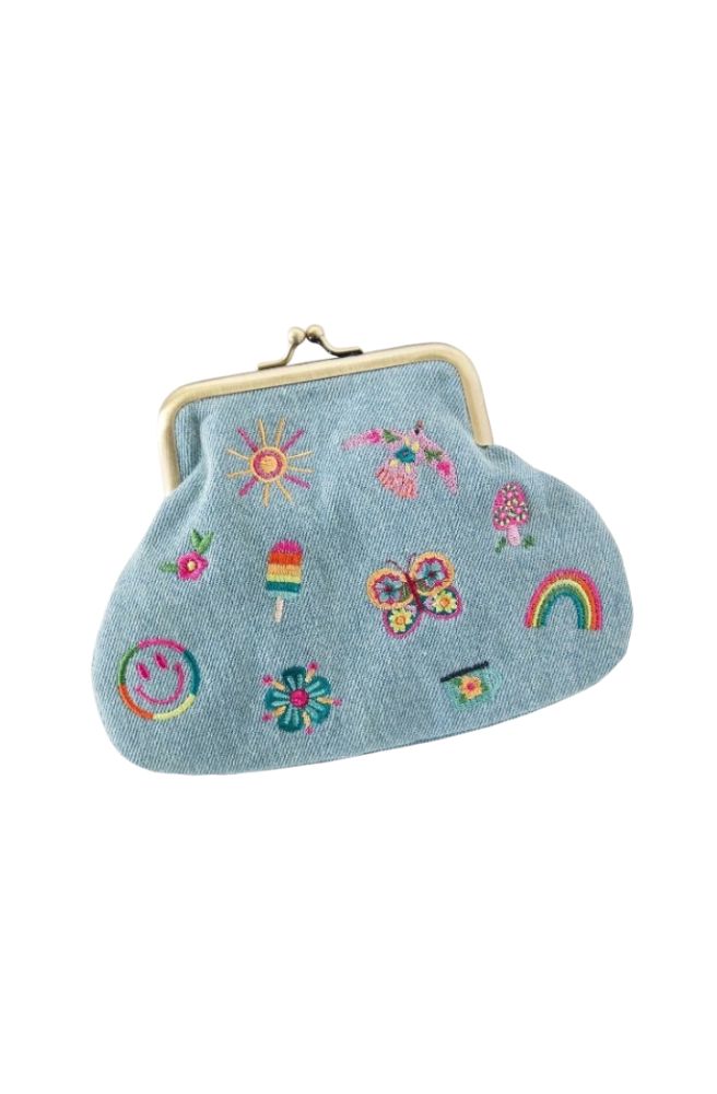 Kisslock Coin Purse Denim Icons, Retro Boho Denim Purse