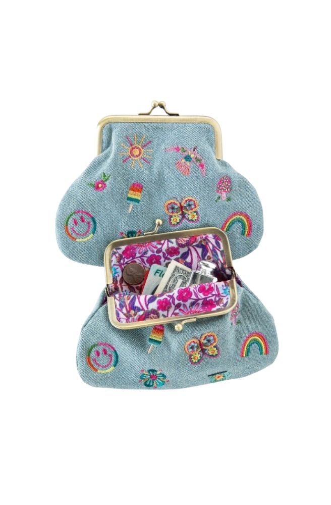 Kisslock Coin Purse Denim Icons, 80s Style Icon Embroidery