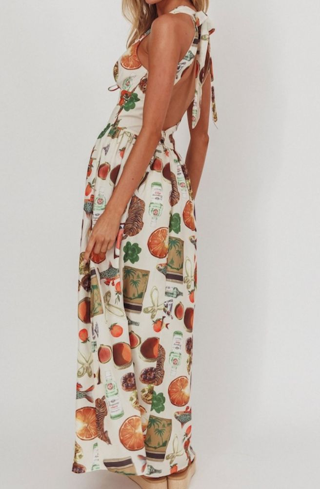 Menagerie Maxi Dress, Side View, Cross Over Back with Tie and Back Zip