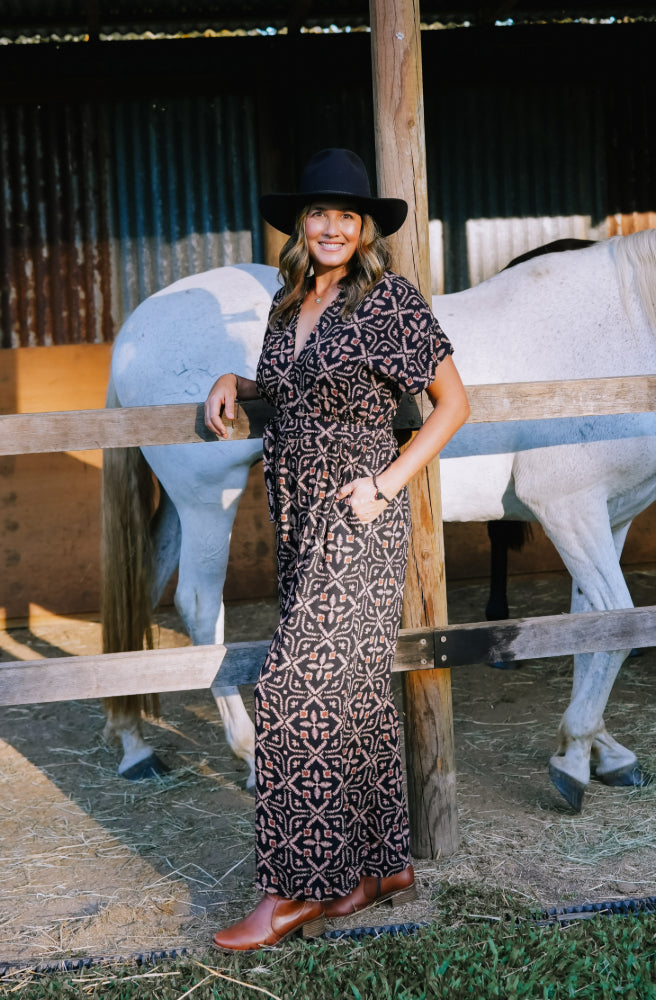 Midnight Tapestry Aura Pantsuit, Pockets, Shirred at the Sides of Waist