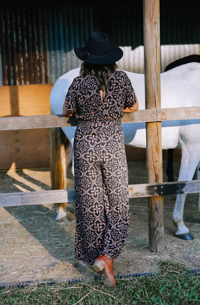 Midnight Tapestry Aura Pantsuit, Rear View, Wide Legs
