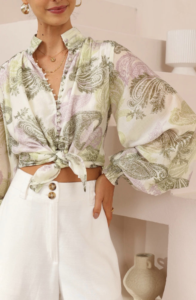 Paisley Dreaming Blouse, Mandarin Collar, Covered Buttons Through Front