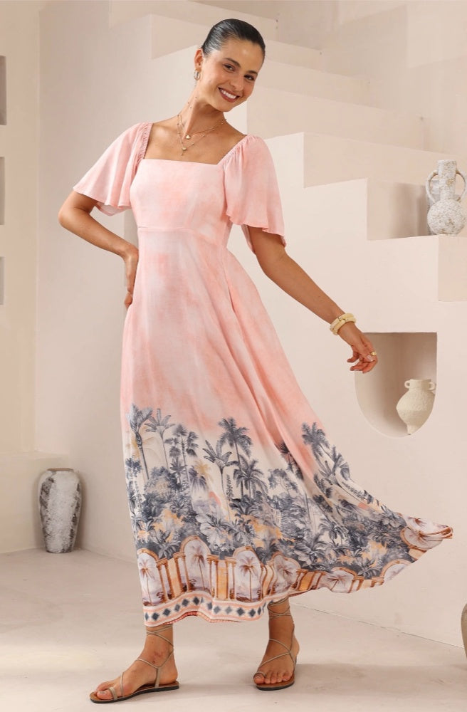 Palma Rosa Flutter Maxi Dress, Womens Boho Resort Style