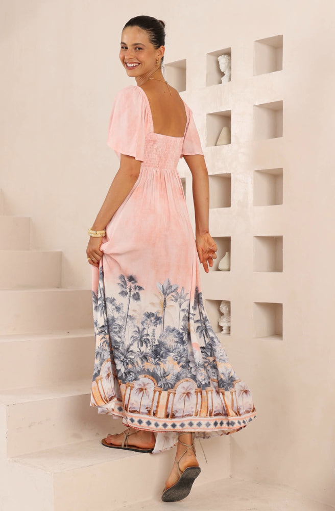 Palma Rosa Flutter Maxi Dress, Rear View Shirred at Back