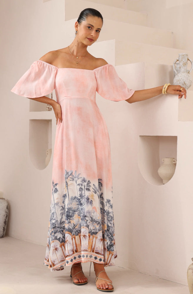 Palma Rosa Flutter Maxi Dress, Full Length, Empire Waist, Flutter Sleeves