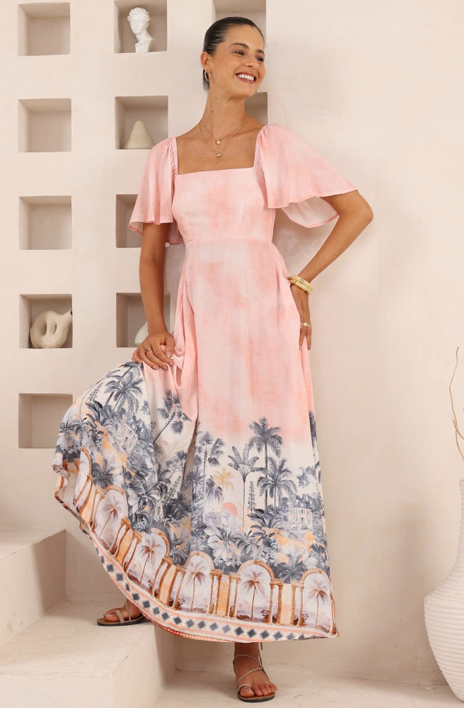 Palma Rosa Flutter Maxi Dress, Border Print Placement